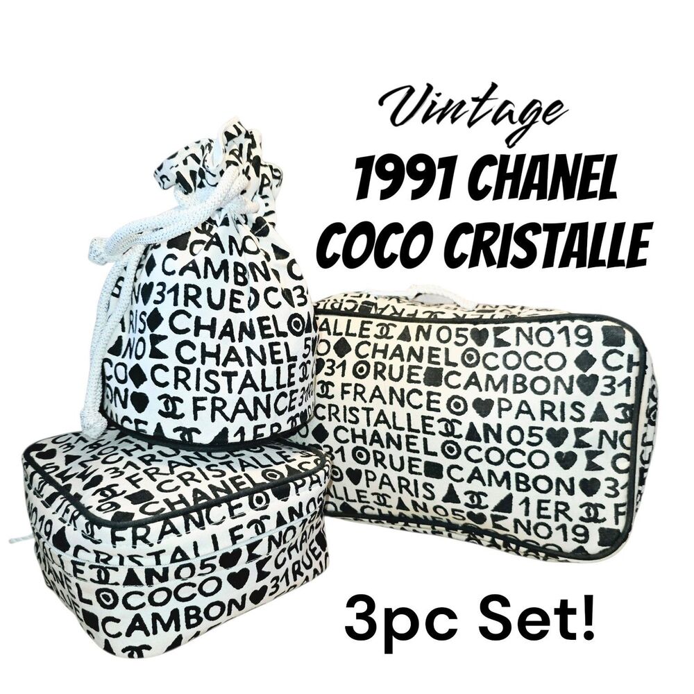 Chanel 1991 Rare Vintage 3pc Coco Cristalle Logo Zip Makeup Travel Cases Bags